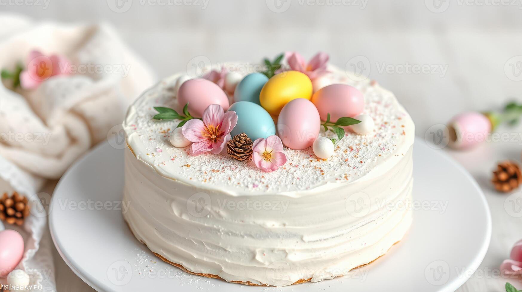 Colorful Easter cake adorned with edible eggs and flowers arranged on a white plate against a bright background photo