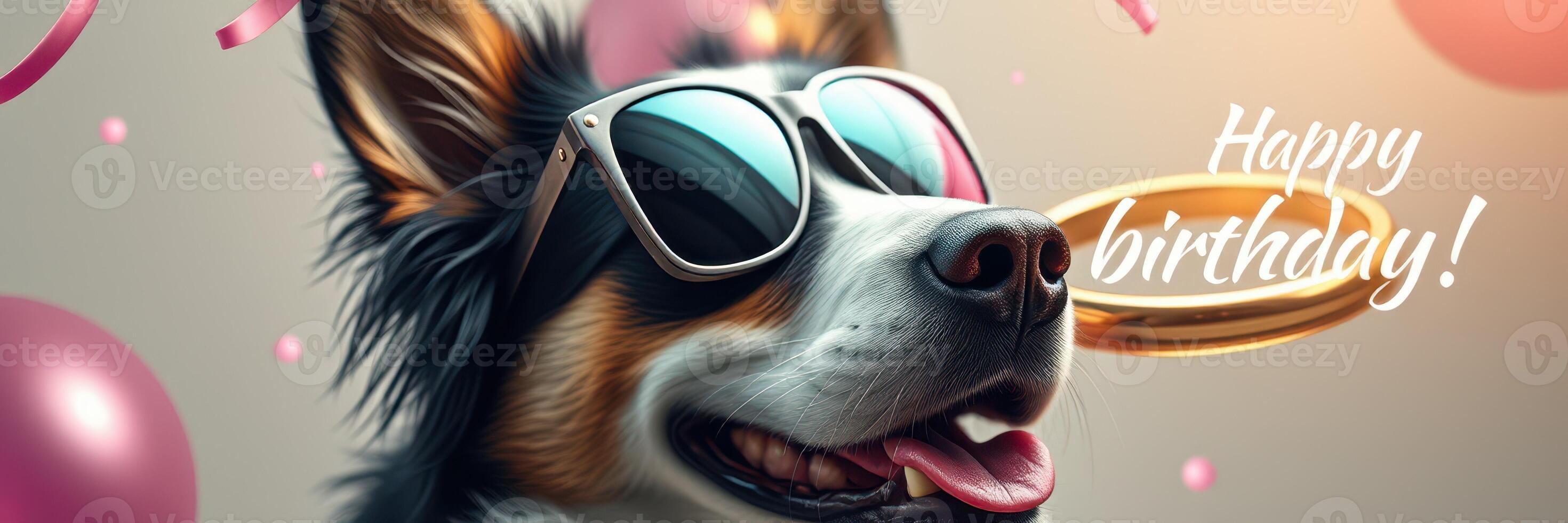 Happy birthday celebration with a dog wearing sunglasses surrounded by balloons and festive decorations photo