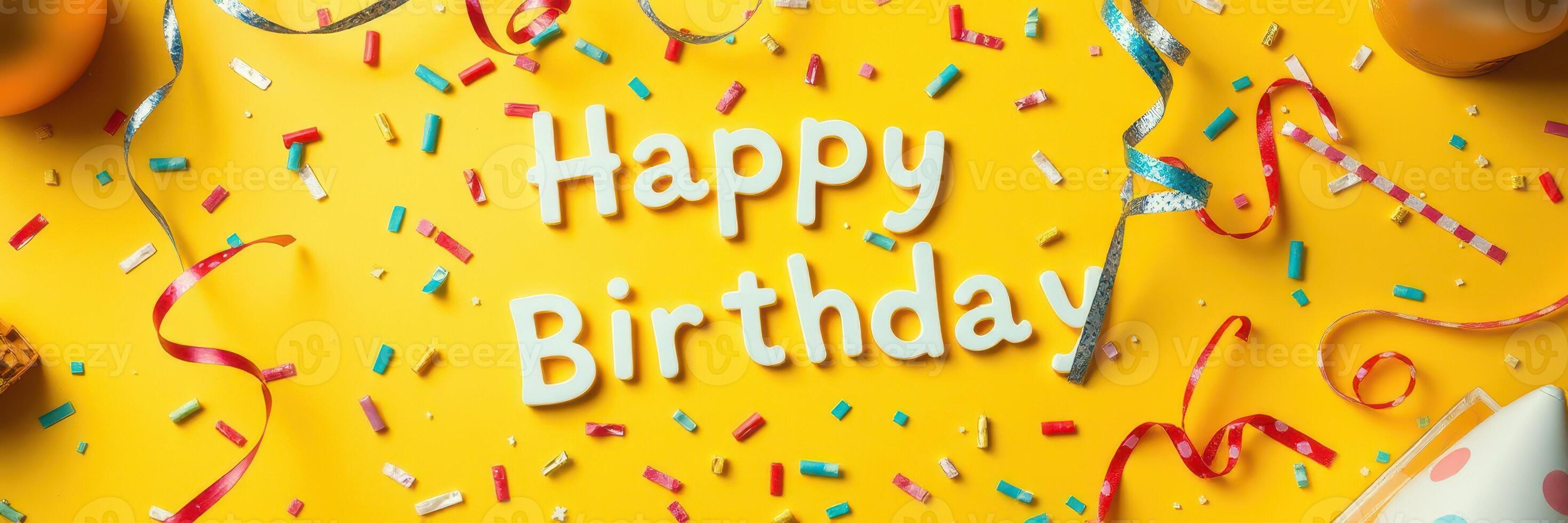 Colorful birthday celebration with confetti and decorations on vibrant yellow background photo