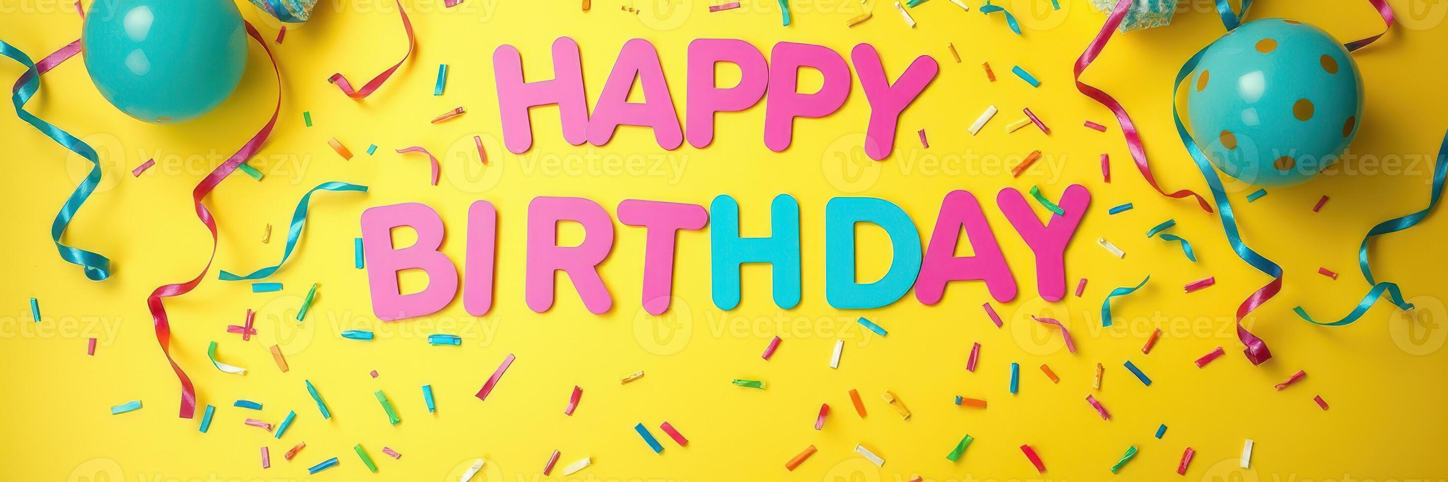 Colorful birthday decorations create a festive atmosphere for a celebration with vibrant confetti photo