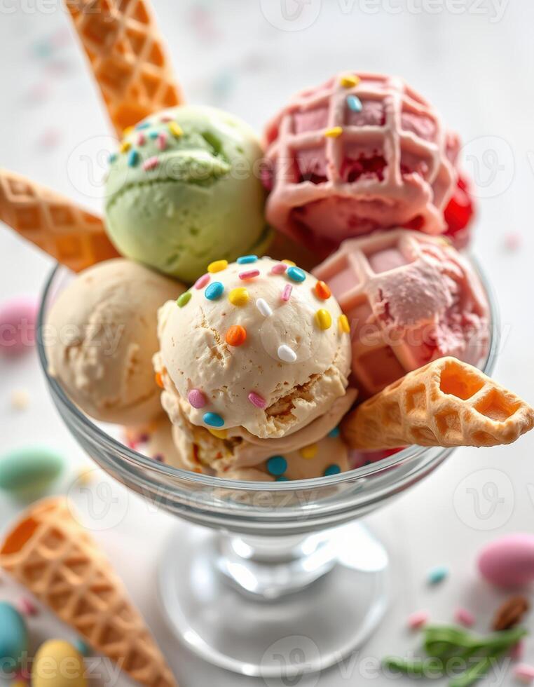Colorful ice cream scoop selection served in a glass bowl with candy sprinkles and waffle cones photo
