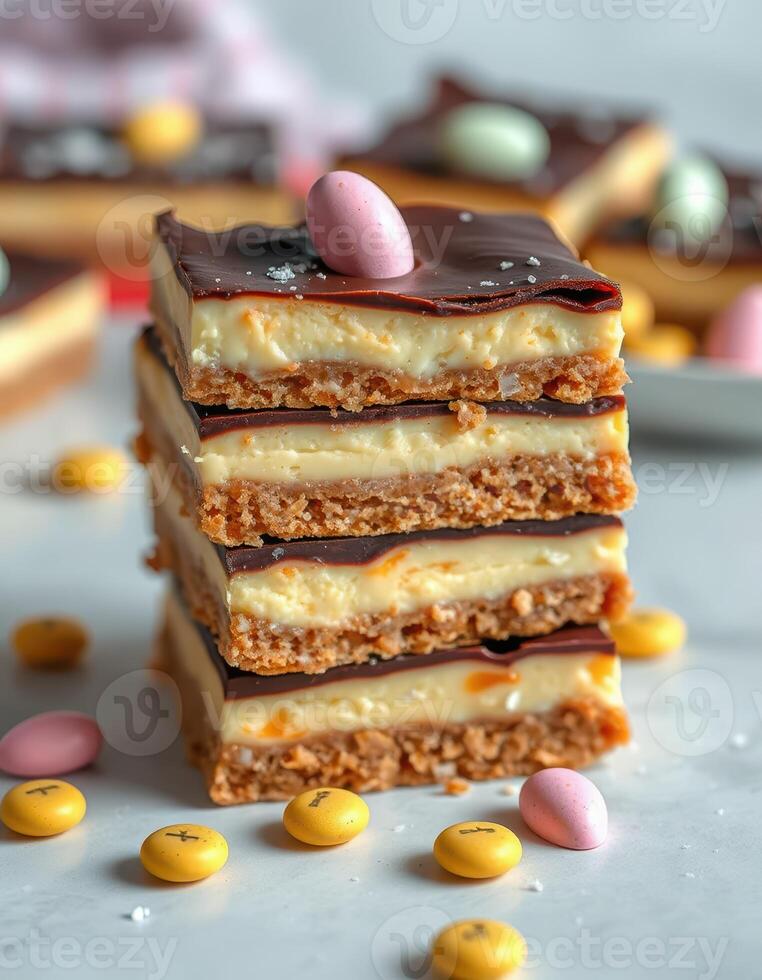 Delicious layered dessert with creamy filling and chocolate topping served with colorful candies photo