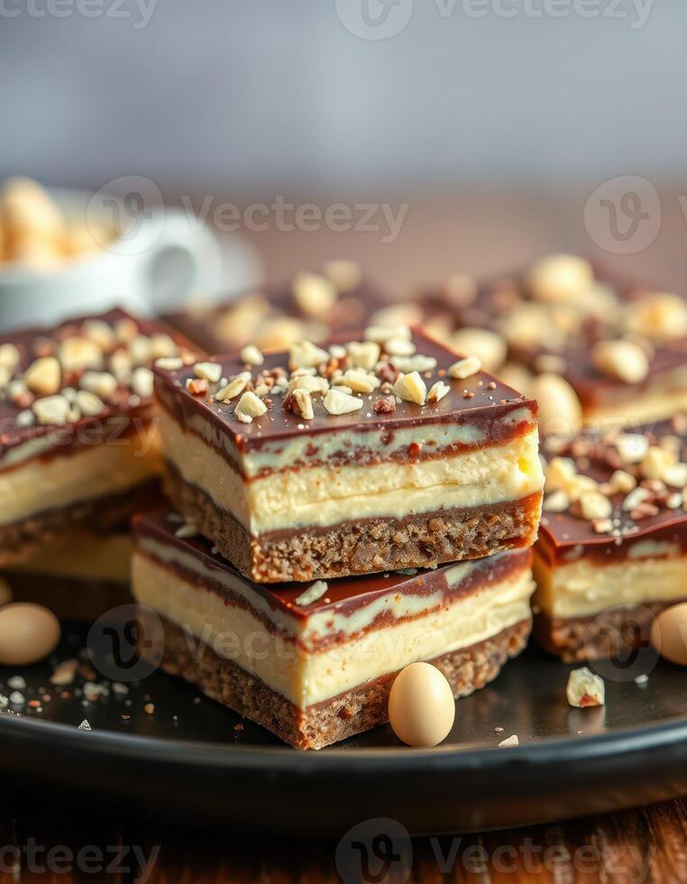 Decadent layered dessert squares with chocolate, peanut butter, and crunchy toppings displayed on a black plate photo