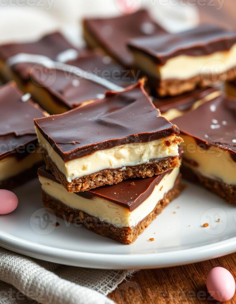 Delicious layered chocolate dessert with creamy filling and crumbly base displayed on a plate with pastel candies photo