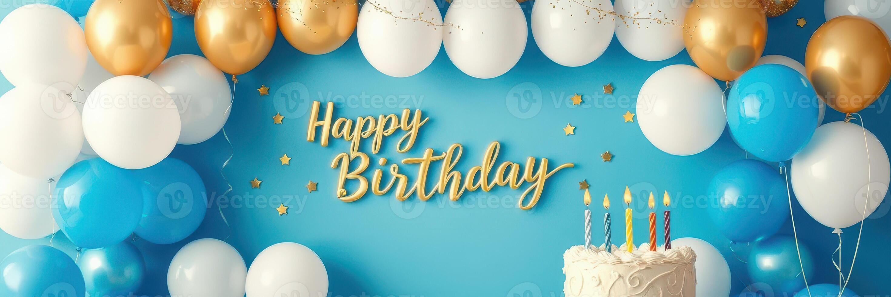 Celebration setup with balloons and cake for a joyful birthday occasion featuring blue and gold decorations in a festive environment photo