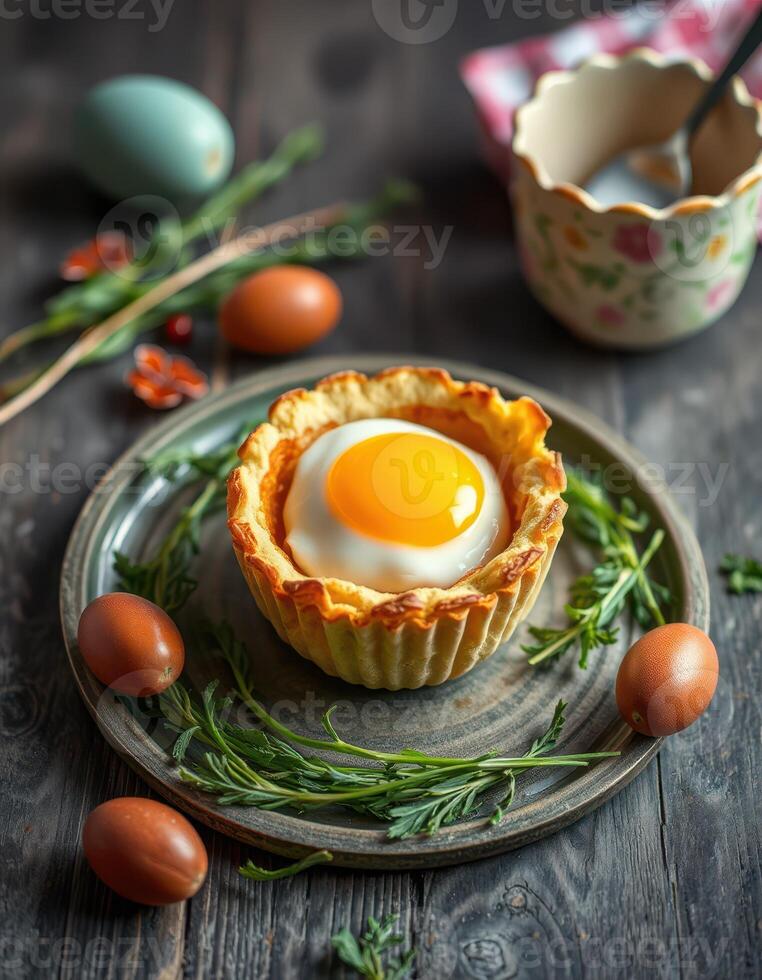 Delicious baked egg tart surrounded by fresh greens and decorative eggs on a rustic wooden table photo