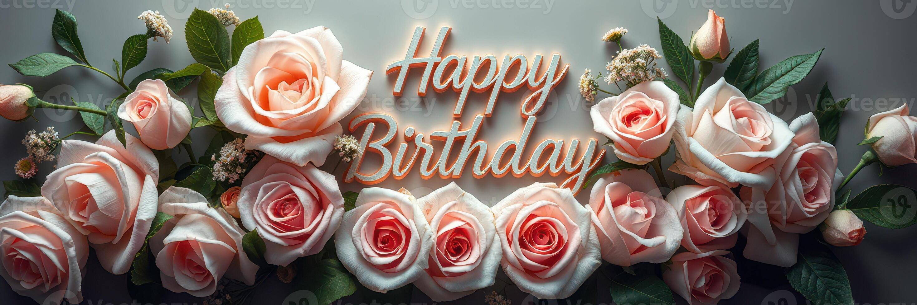 Birthday celebration adorned with beautiful pink roses and a joyful message for someone special photo