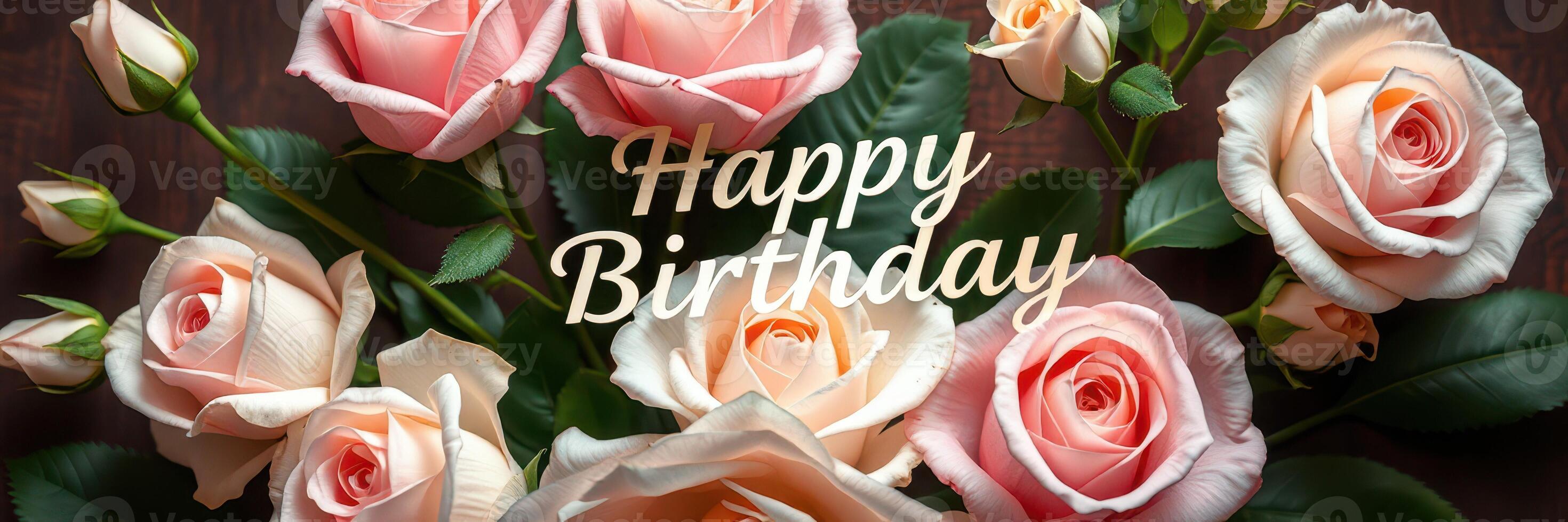 Birthday celebration with beautiful pink roses and cheerful greeting on a rustic wooden background photo