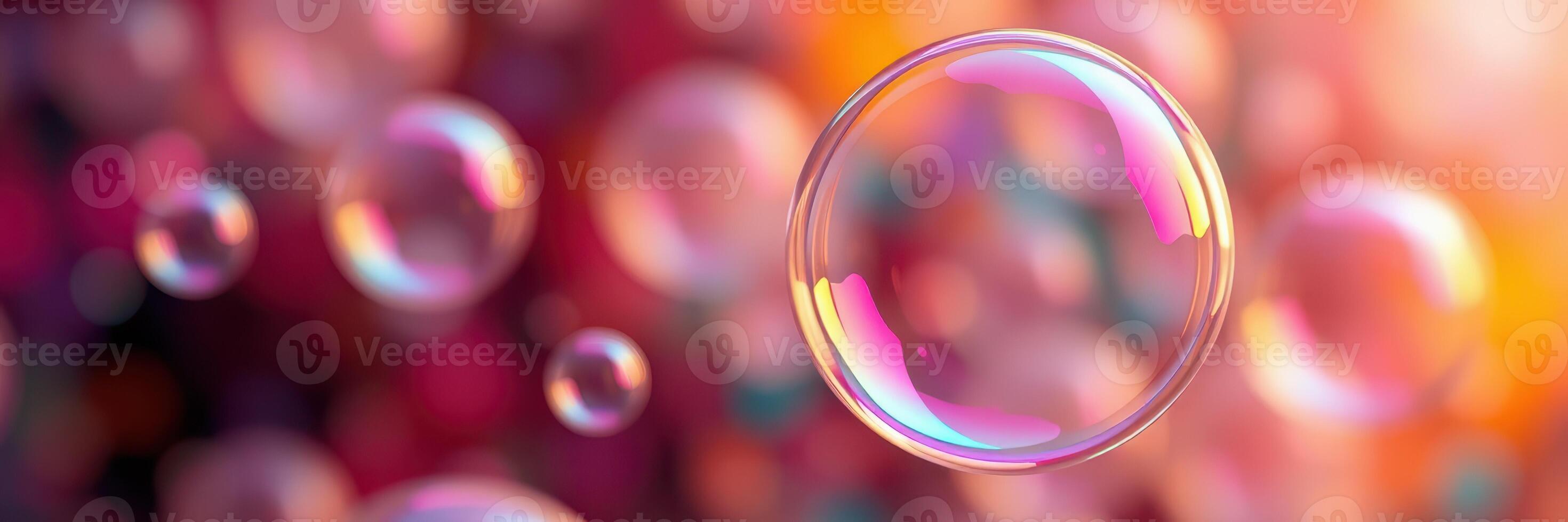 Colorful soap bubbles floating in the air against a blurred background with soft lighting photo
