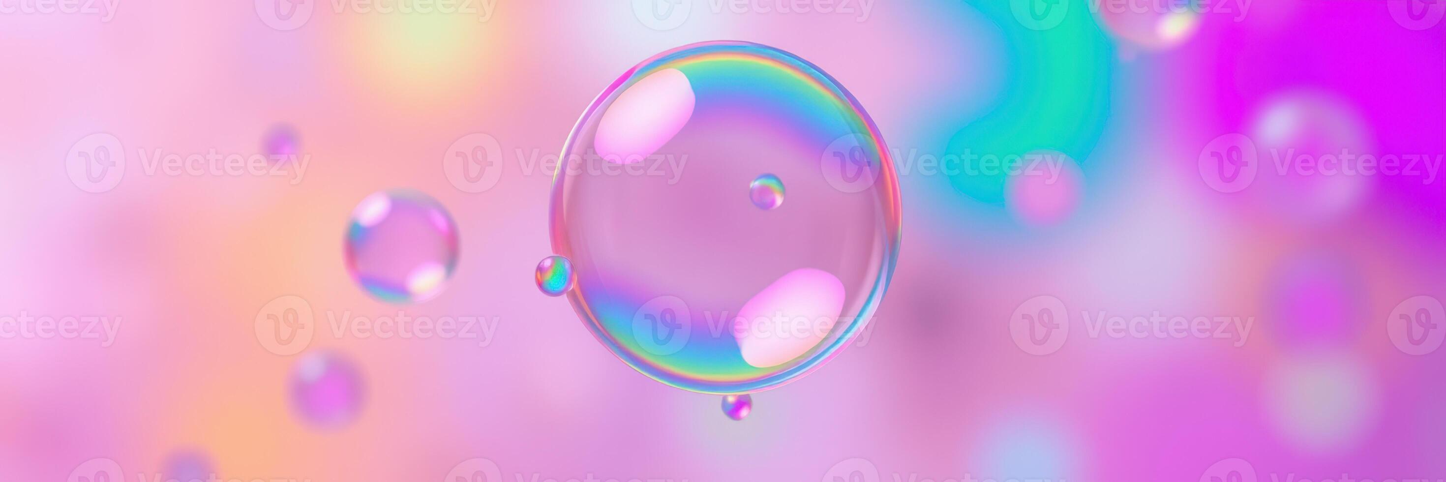 Vibrant soap bubbles floating against a colorful blurred background in bright pastel shades photo