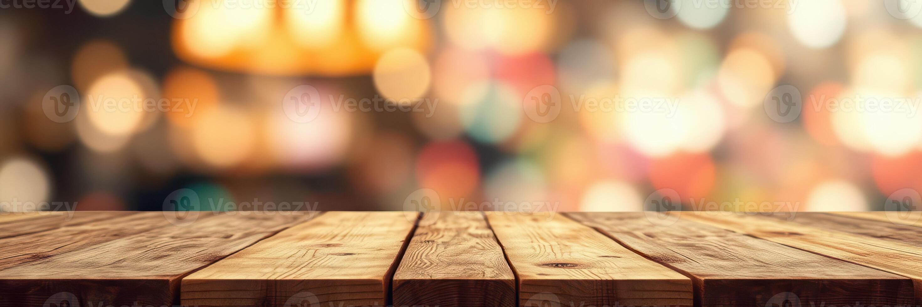 Wooden tabletop with blurred festive background creates inviting atmosphere for gatherings and celebrations photo
