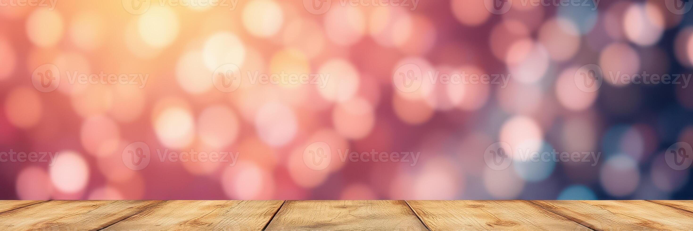 Wooden table against a colorful bokeh background, creating a warm atmosphere for gatherings and celebrations photo