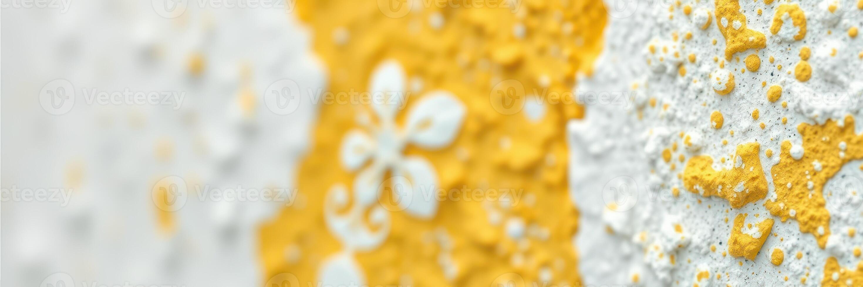 Colorful texture of yellow and white paint on a wall shows creative artistic expression and vibrant design details in urban art photo