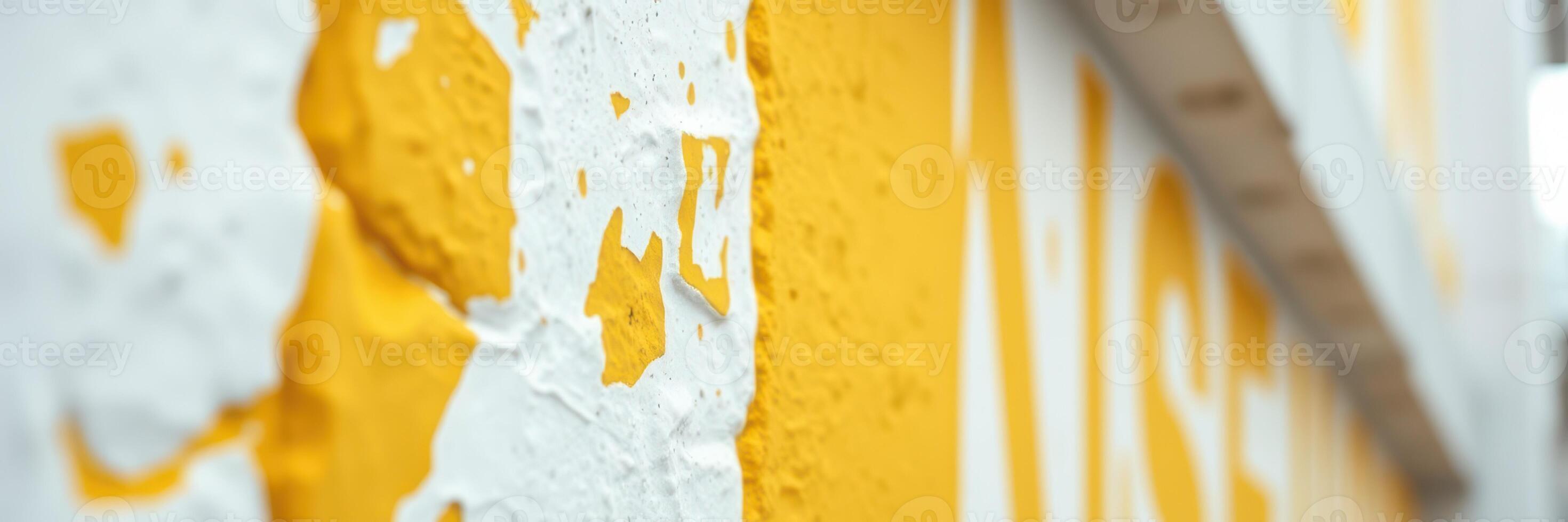 Vibrant yellow and white paint contrasts on a textured wall reflecting urban artistry in a city setting photo