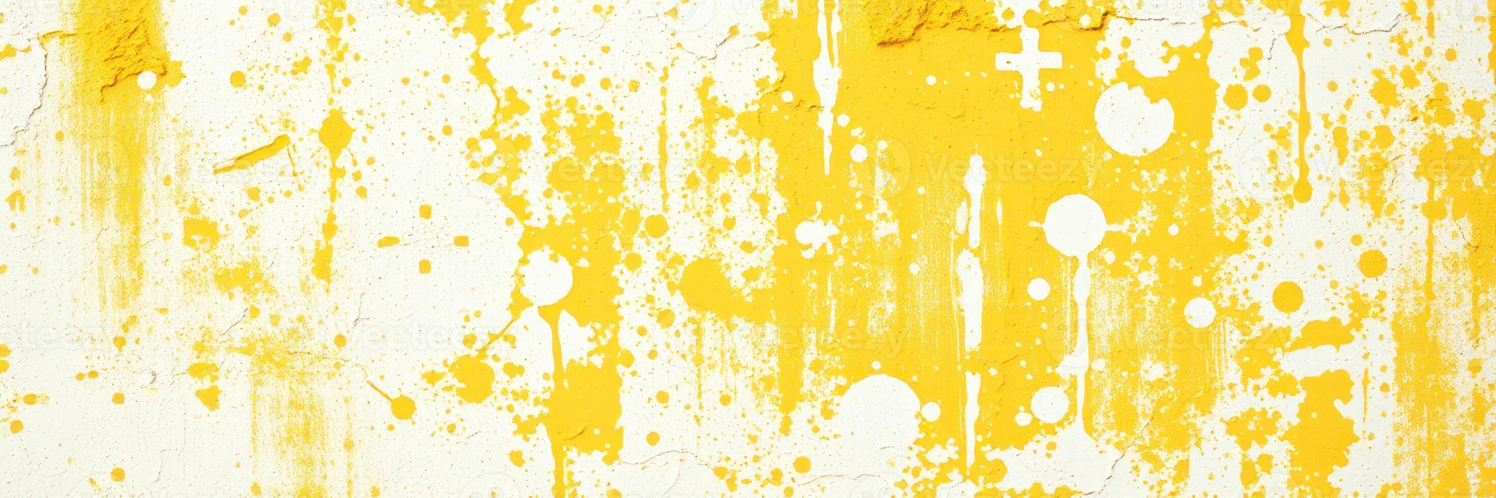 Bright yellow paint splatters create an abstract background in an artistic studio setting photo