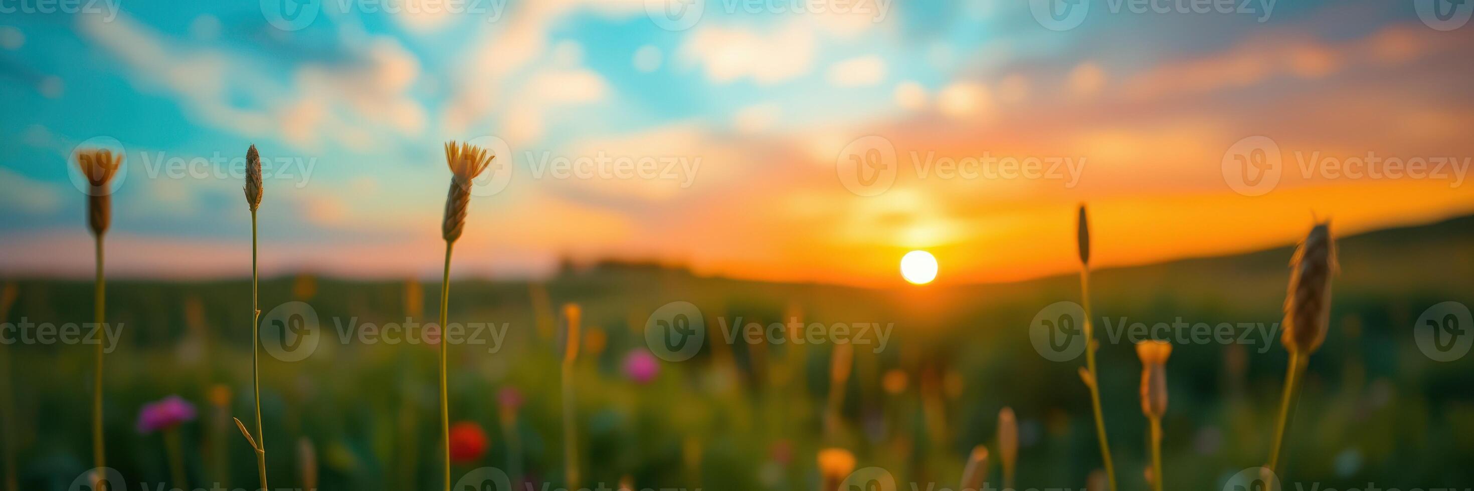 Beautiful sunset over a field with wildflowers and soft clouds in a colorful sky settled in a peaceful location photo