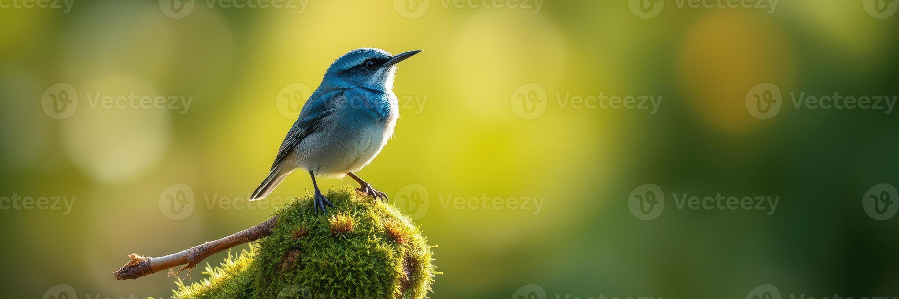 Beautiful blue bird perched on mossy branch during golden hour in a tranquil natural setting photo