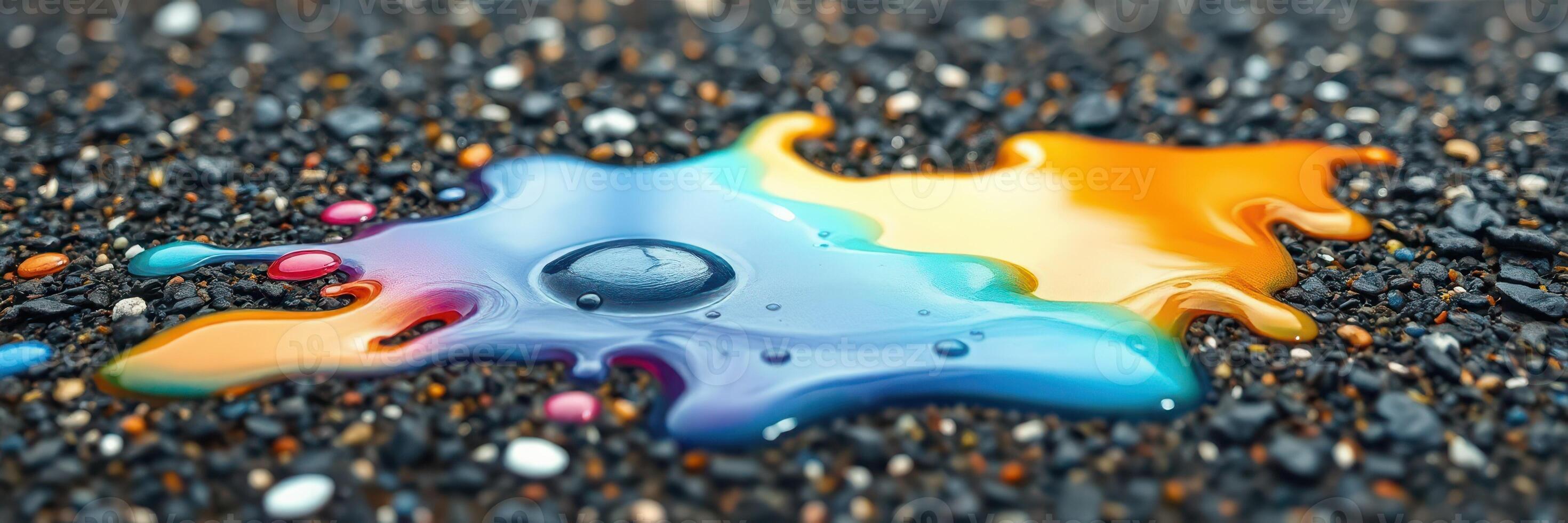 Colorful paint spill creating an artistic display on a textured pavement surface during daylight photo