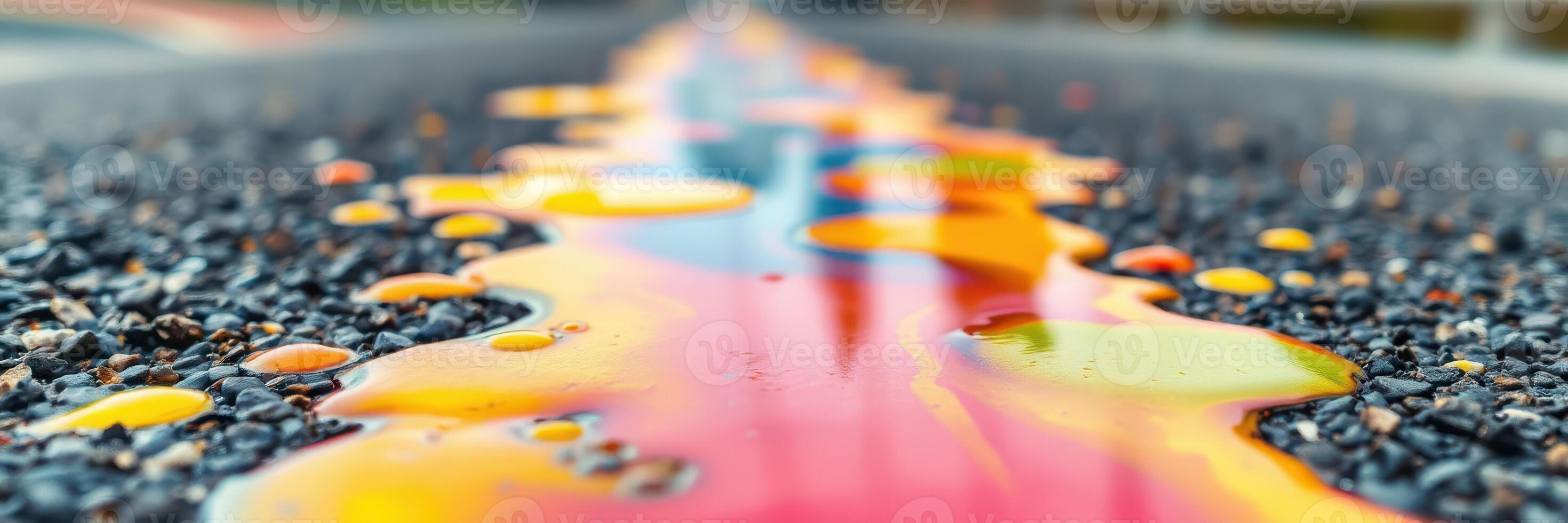 Colorful liquid spreading on a textured surface in a vibrant urban setting during daylight hours photo