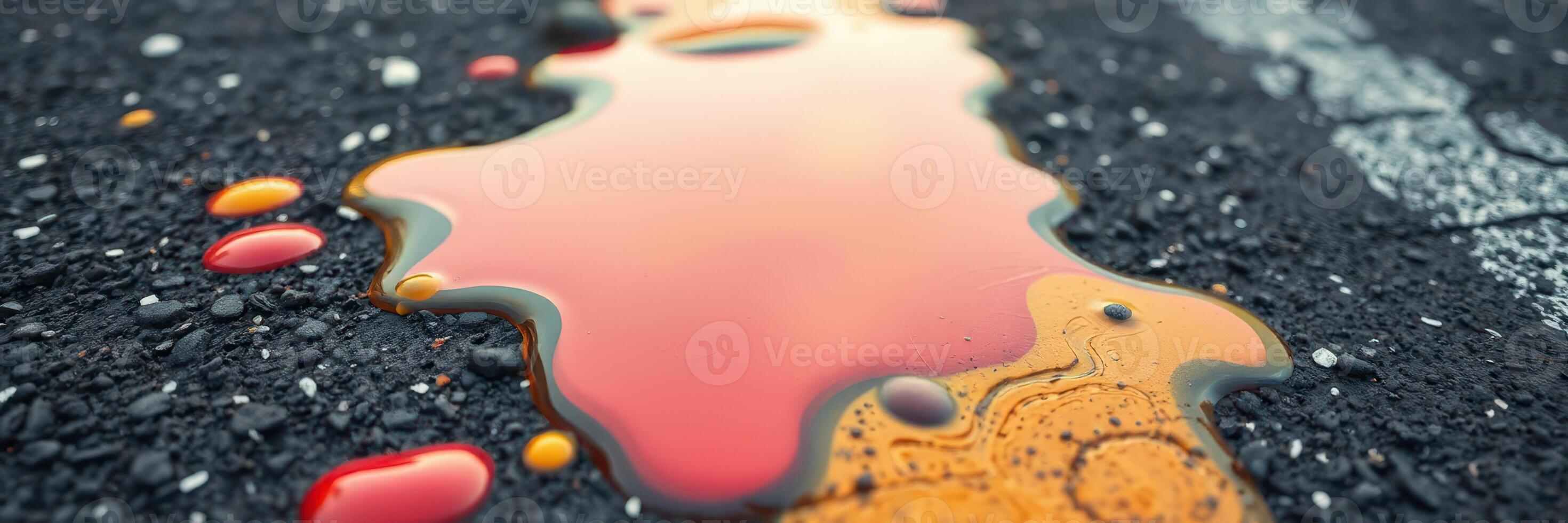 Bright fluid spills on asphalt surface reflecting light during the afternoon photo