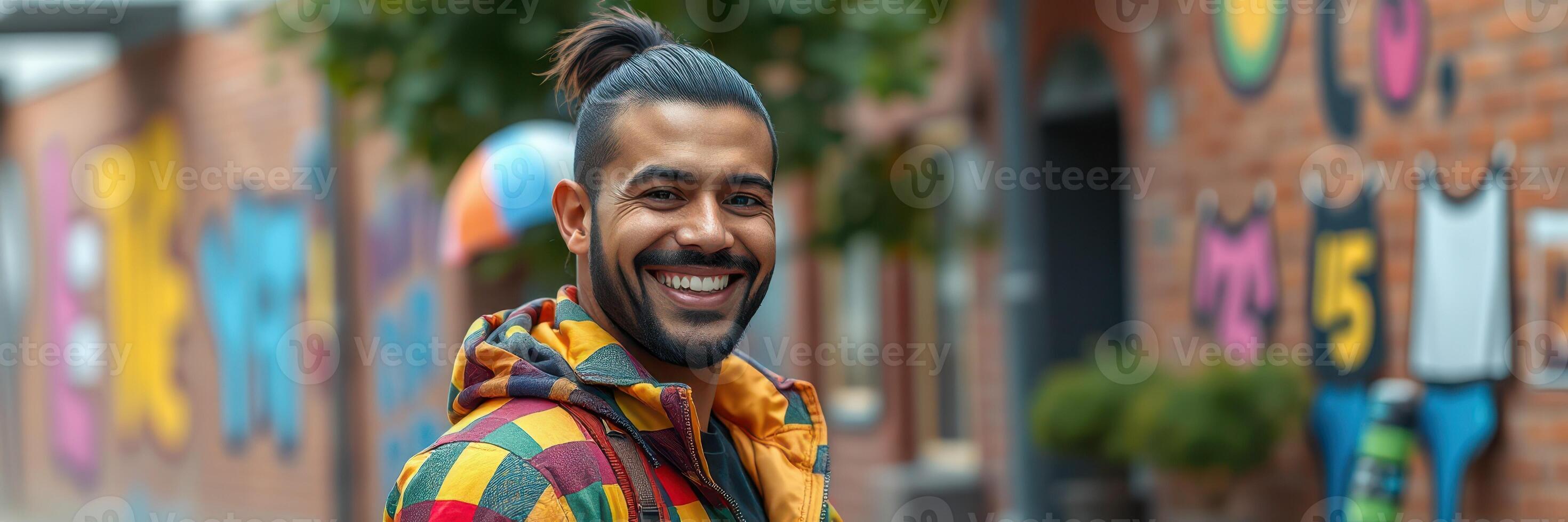 Smiling man in colorful jacket poses proudly in vibrant street art area during sunny day photo