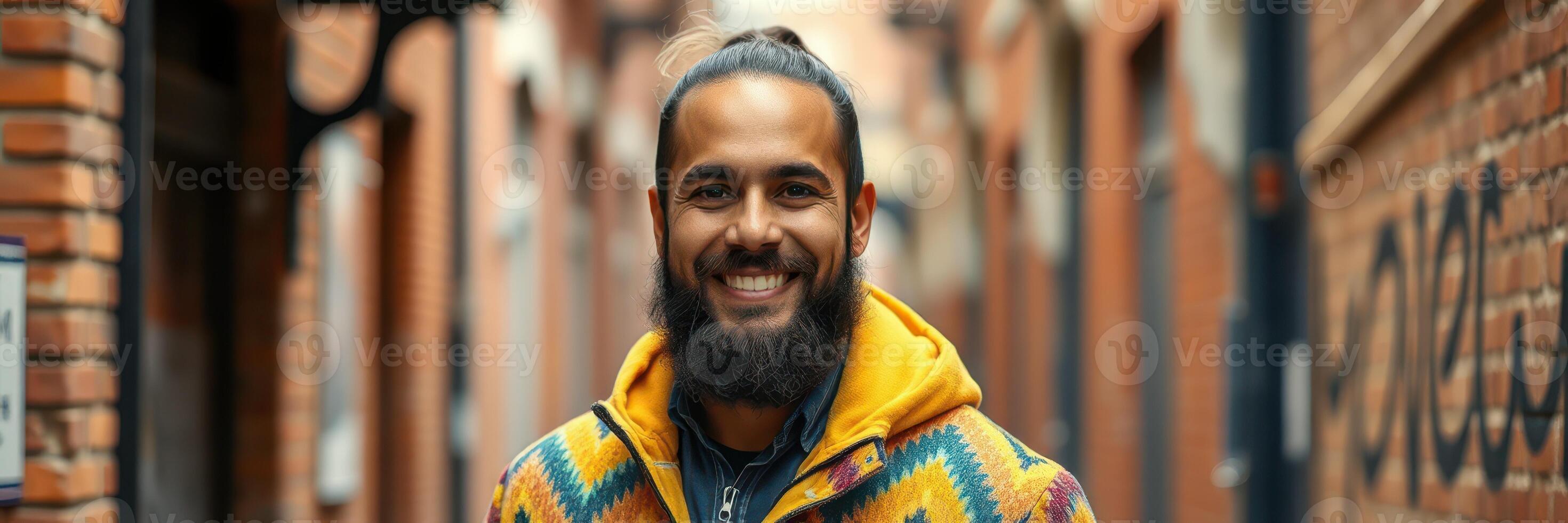 Smiling man in colorful jacket stands confidently in narrow urban alley during a sunny day photo