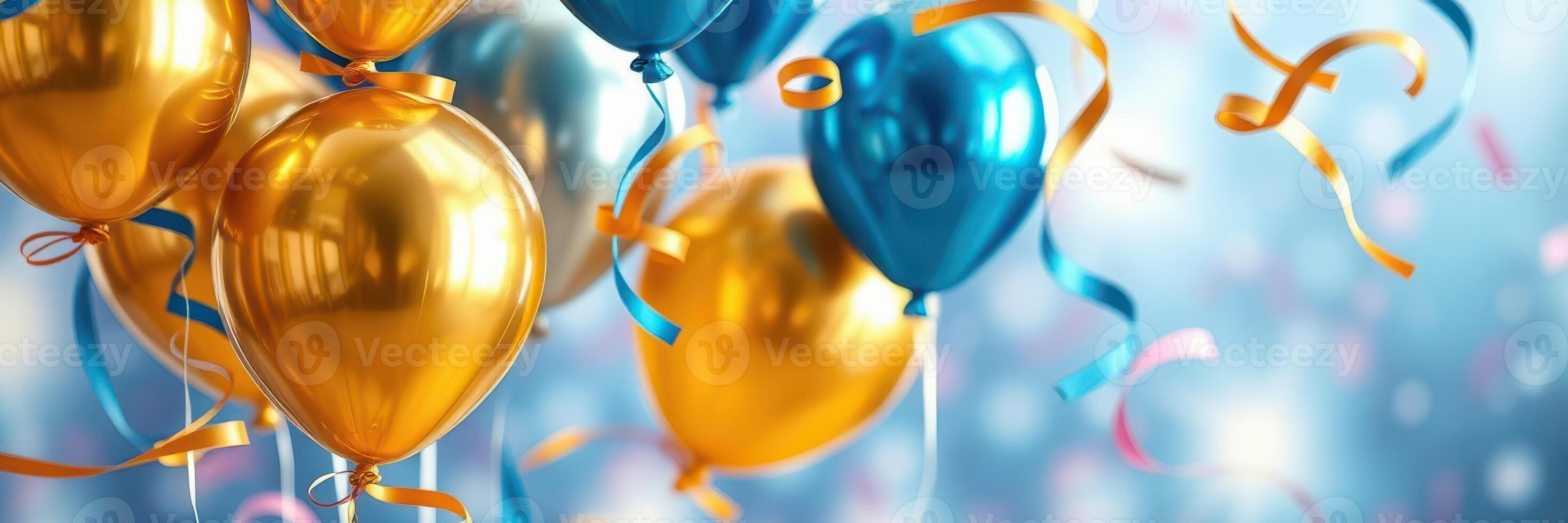 Colorful balloons and streamers create a festive atmosphere for celebration or party decorations photo