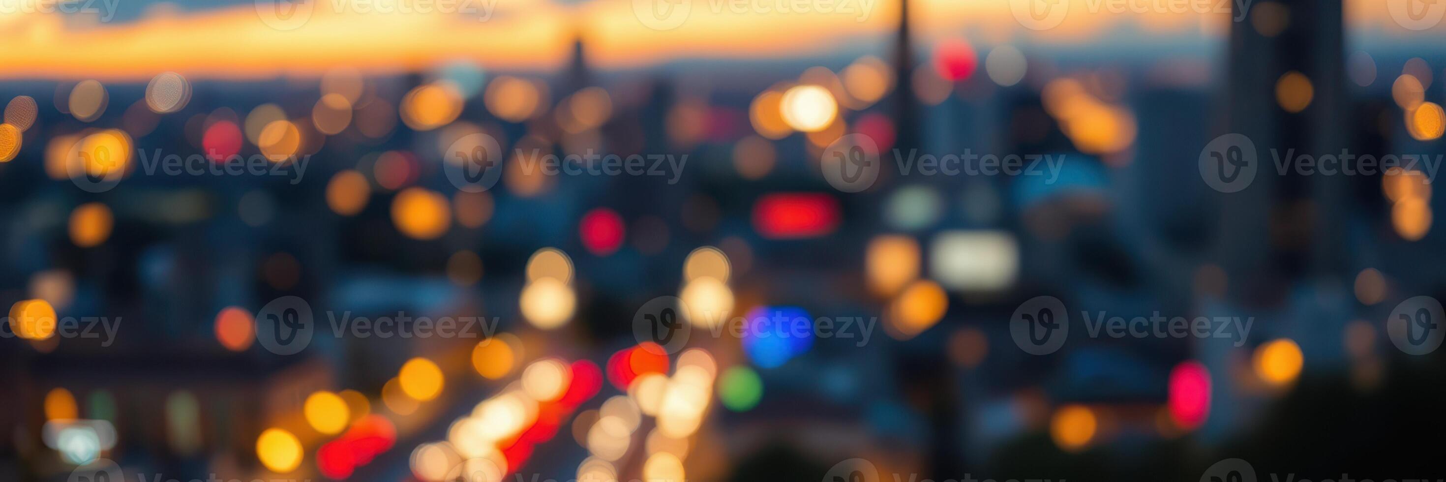 City skyline at dusk with vibrant lights creating a dynamic urban atmosphere photo