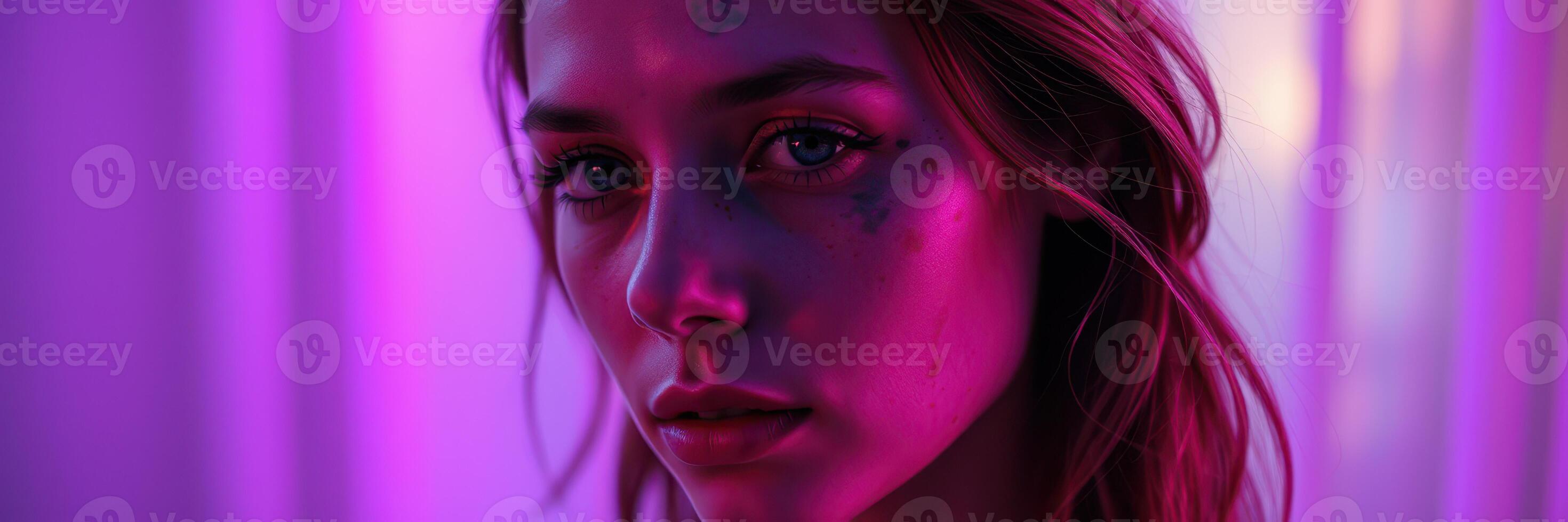 Portrait of a young woman with dramatic lighting and artistic makeup in a vibrant setting photo