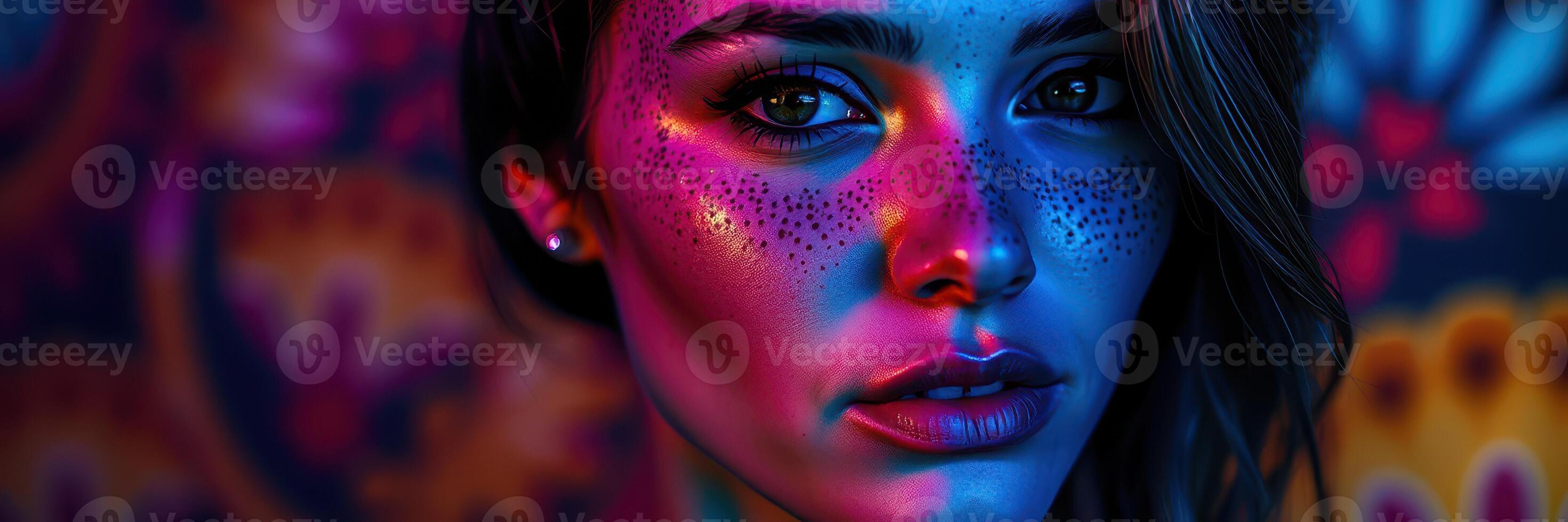 Striking portrait of a woman illuminated by colorful lights in an artistic atmosphere photo