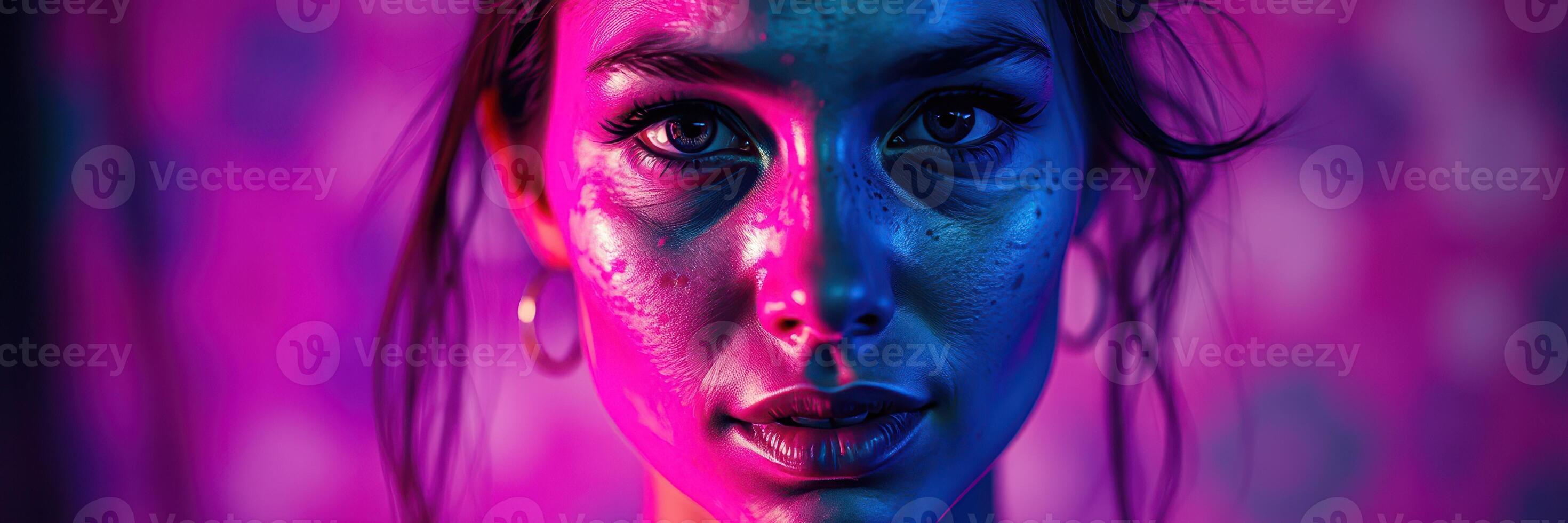 Woman with striking features illuminated by vibrant lighting in a colorful setting photo