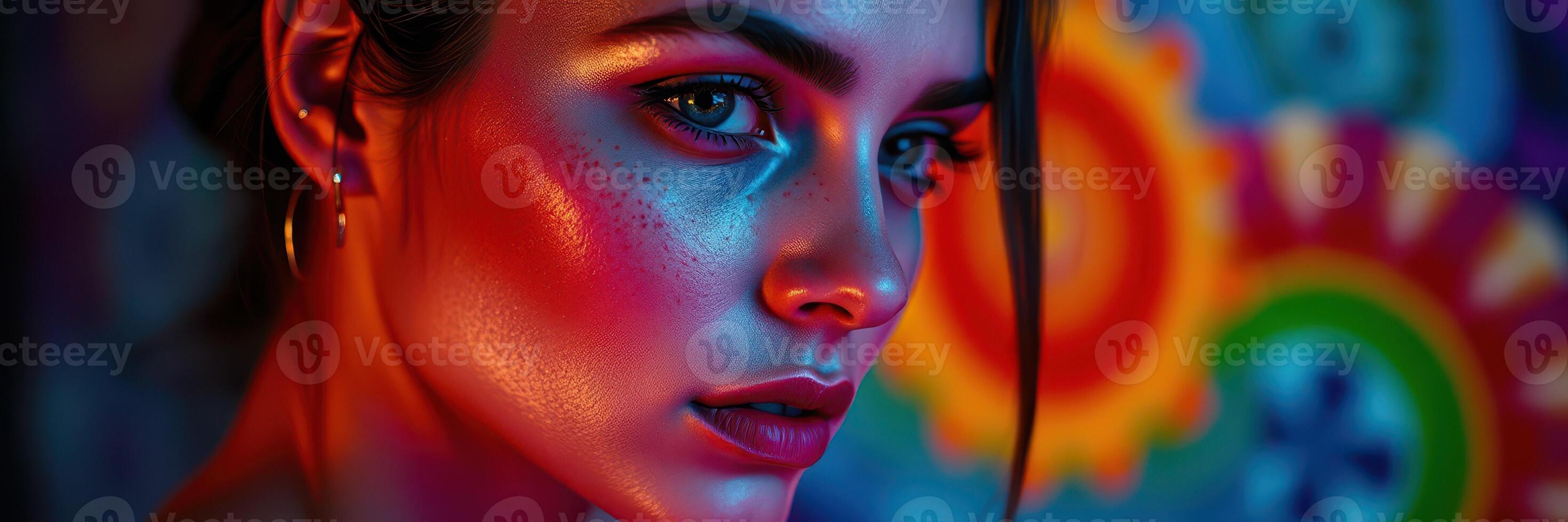 Young woman with striking features poses dramatically against a vibrant, colorful background during an artistic photoshoot photo