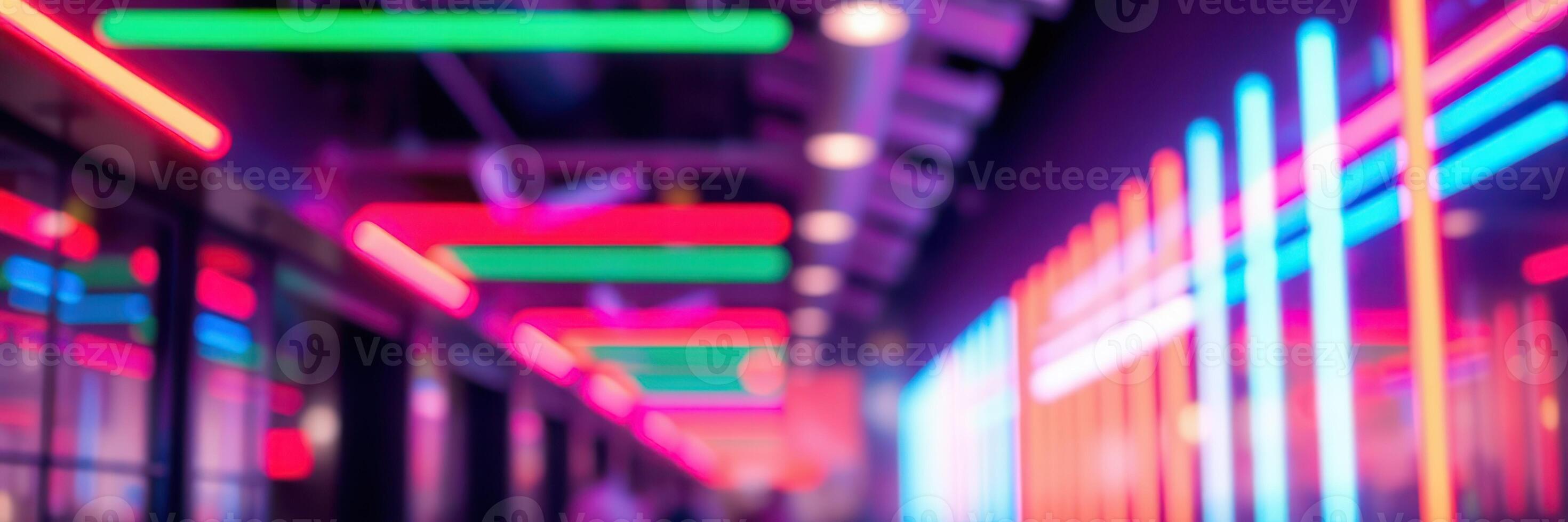 Neon lights illuminate urban alleyway creating a vibrant nightlife atmosphere in a city environment photo