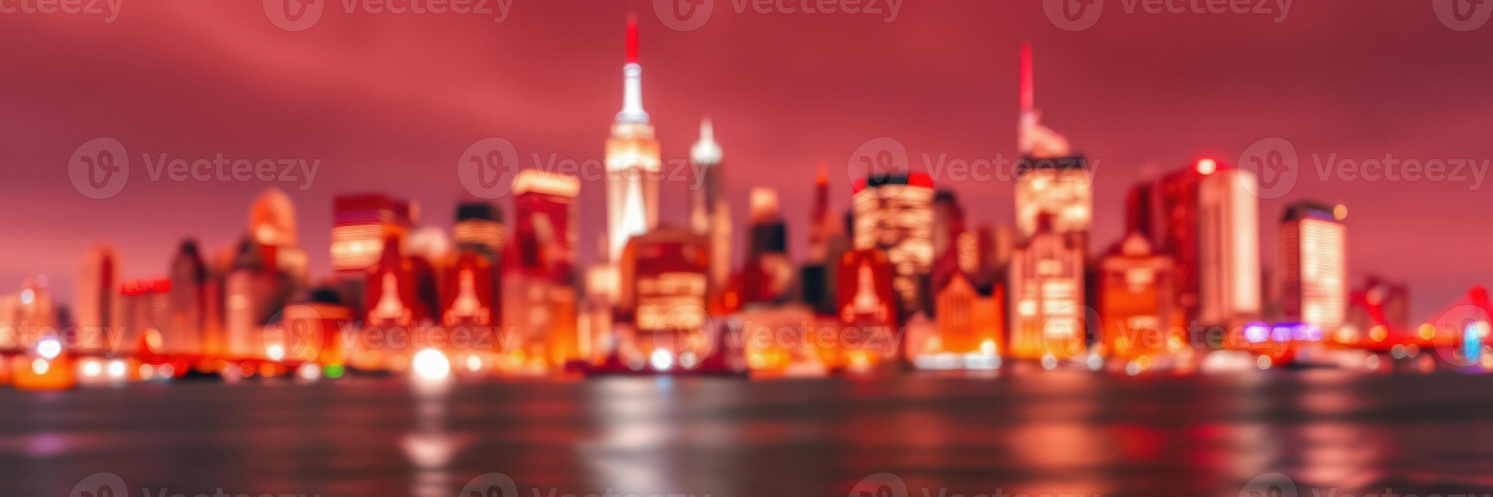 Nighttime skyline of New York City illuminated with vibrant lights beneath a colorful sky photo