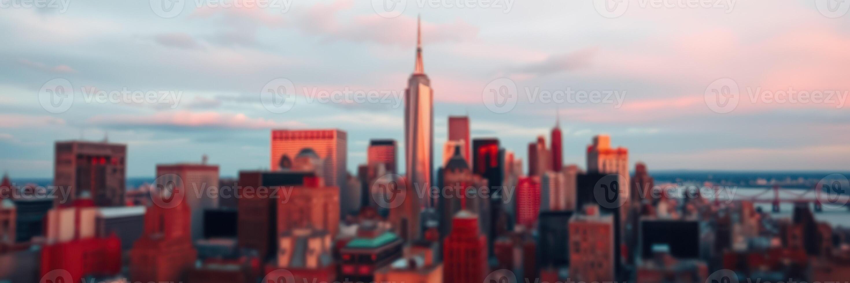 Skyline view of New York City at sunset showcasing the Empire State Building and surrounding urban landscape photo