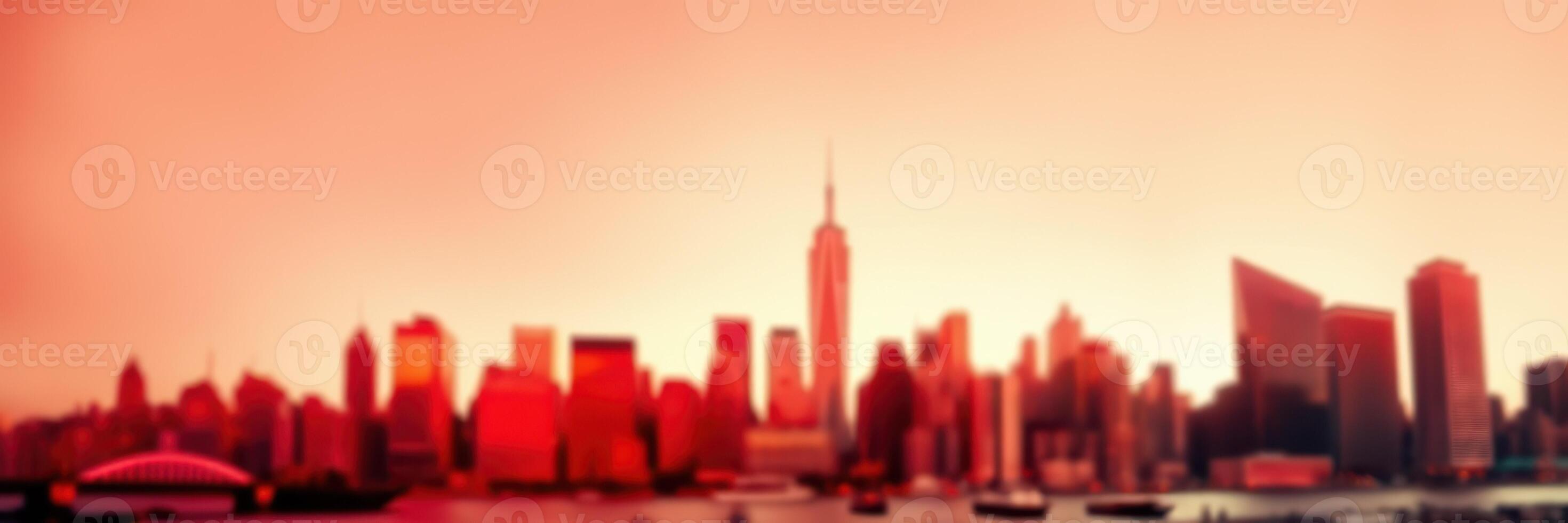 City skyline at sunset with vibrant colors casting a warm glow over tall buildings photo