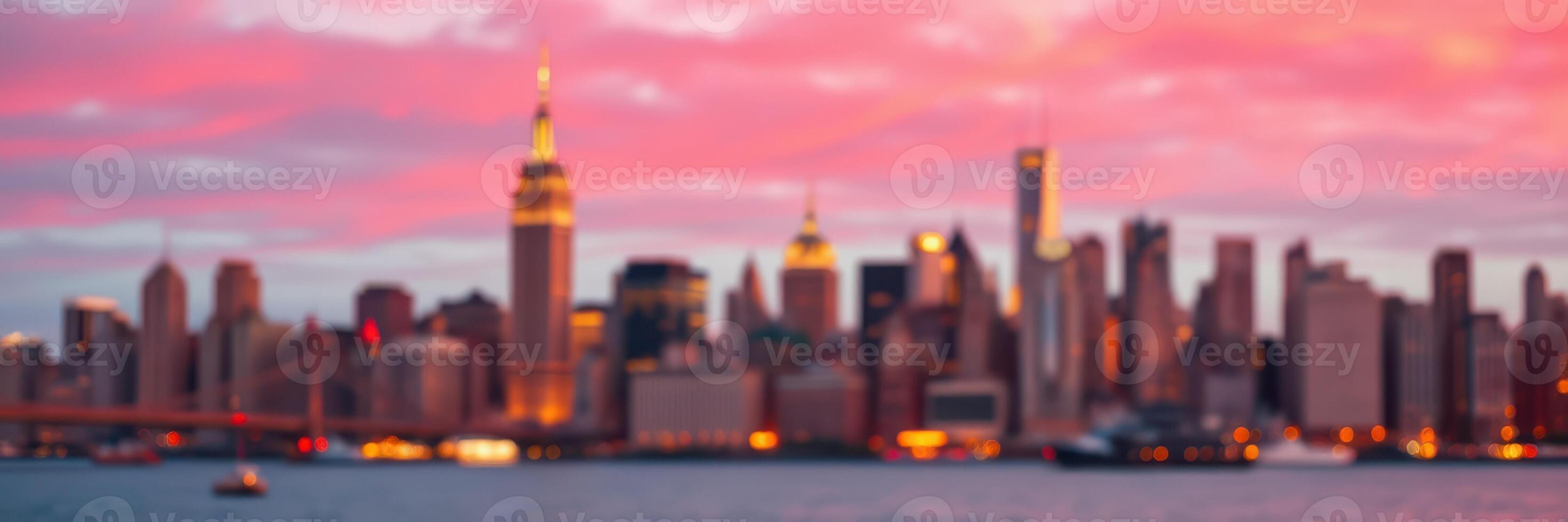 Sunset over New York City skyline with iconic skyscrapers and vibrant pink sky photo