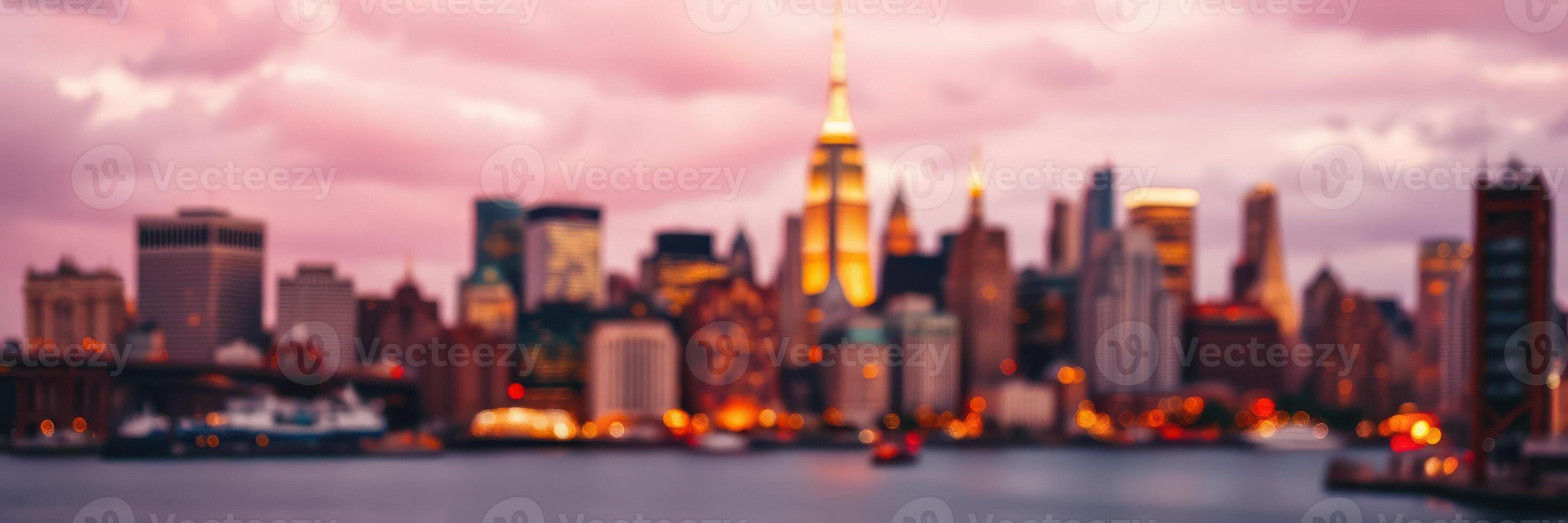 City skyline at twilight with illuminated buildings and reflective water in an urban setting photo