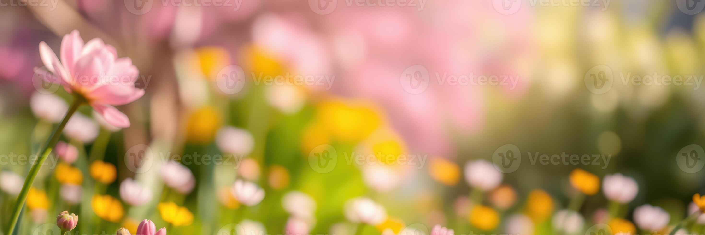 Vibrant spring garden filled with blooming flowers in soft sunlight during afternoon hours photo