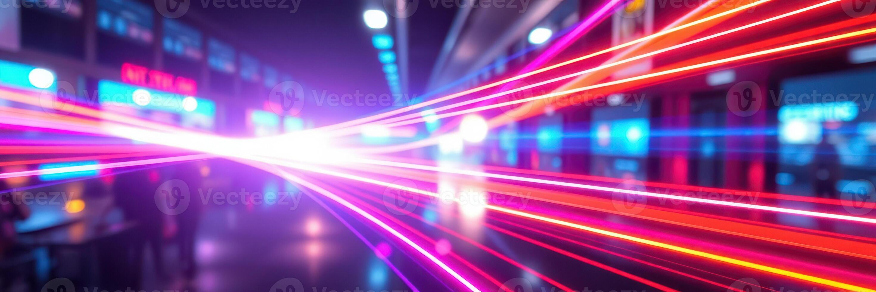 Colorful light trails create a dynamic atmosphere in a digital showcase at a technology event in a modern venue photo