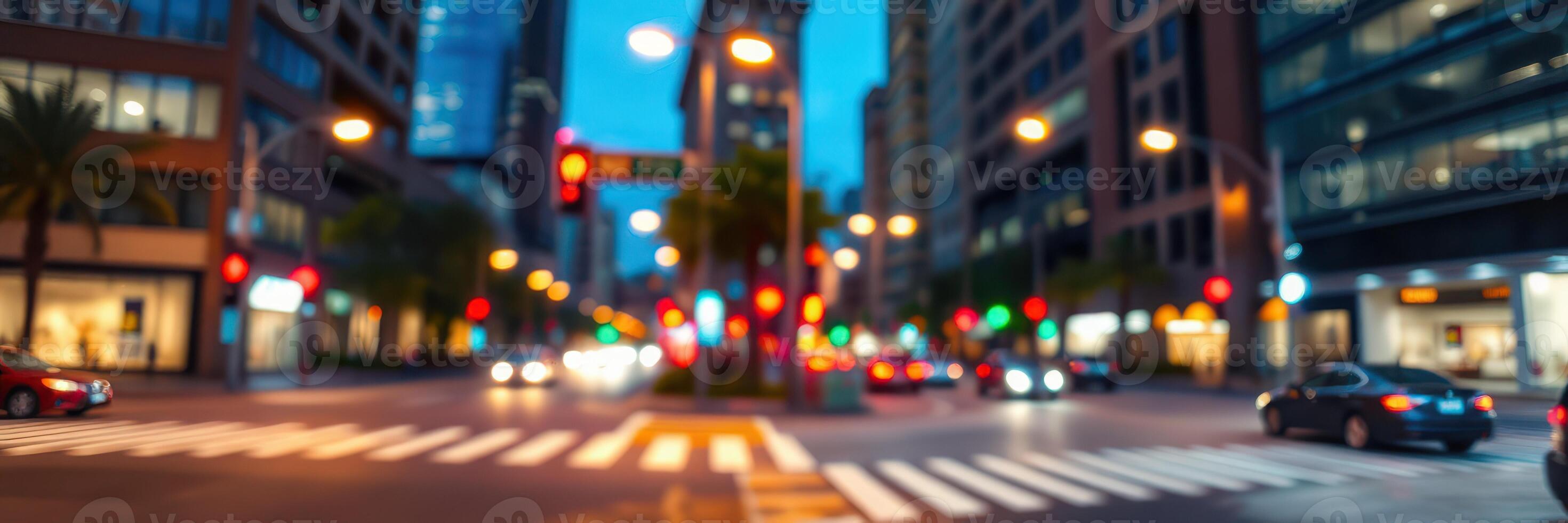 Evening city street bustling with traffic and illuminated signs during twilight hours photo