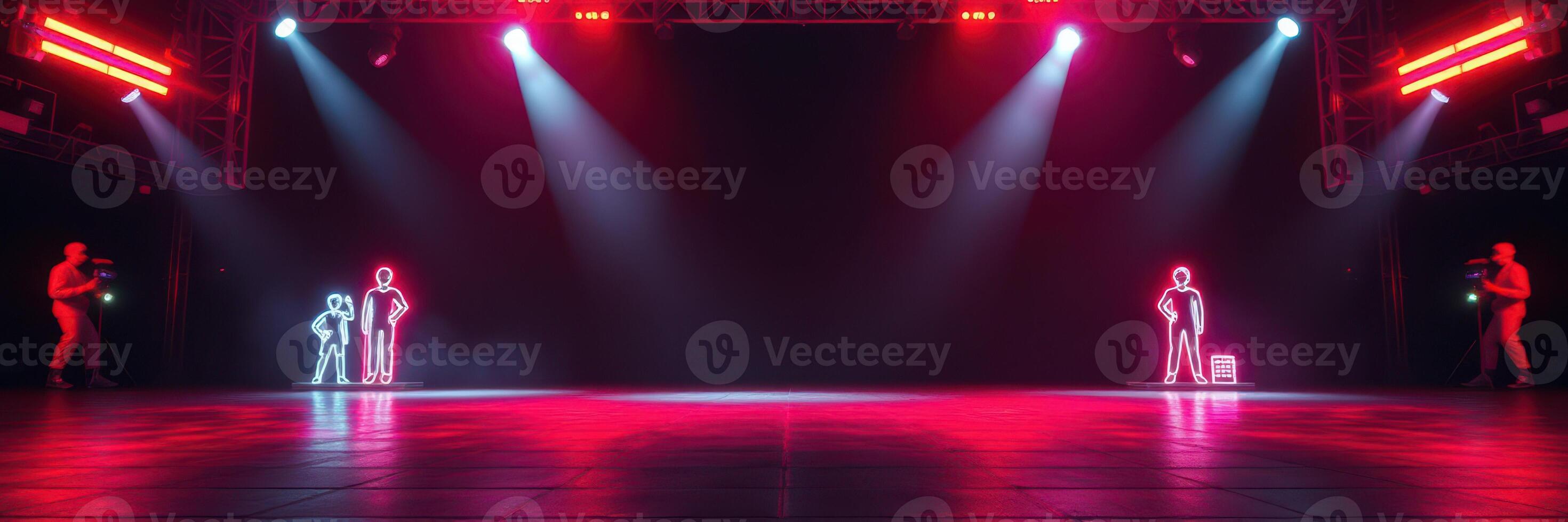 Dancers performing in neon light with cameras capturing the vibrant energy during a night event photo