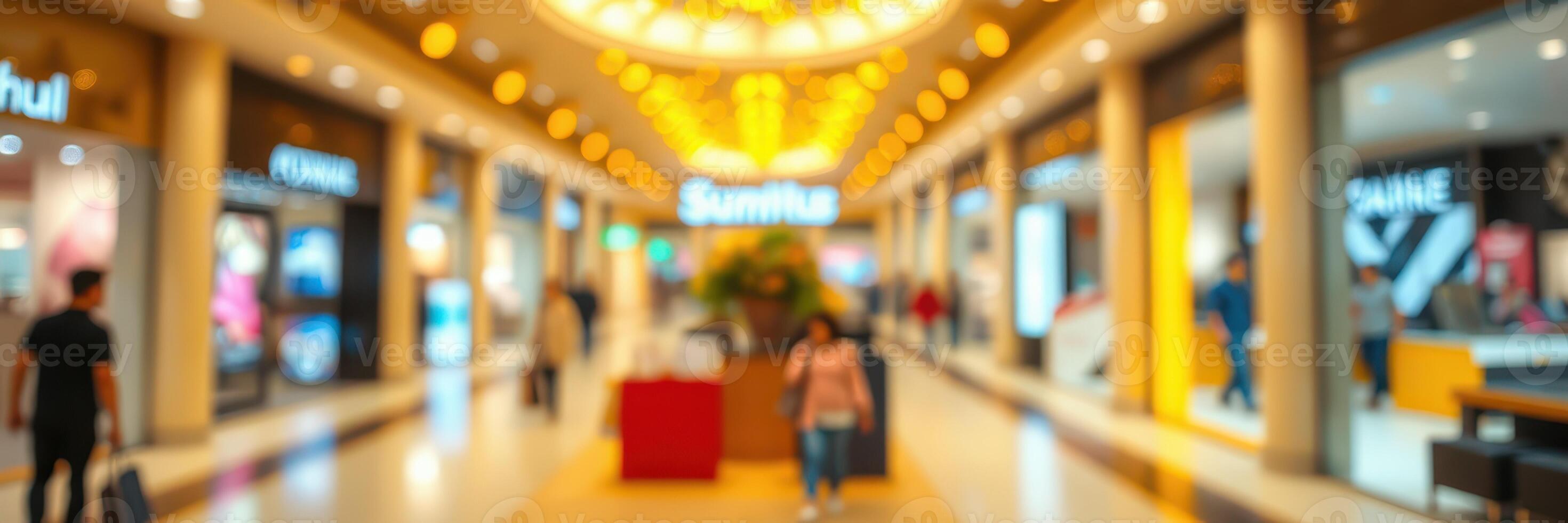 Shopping mall interior bustling with activity and vibrant lights in a modern retail space photo