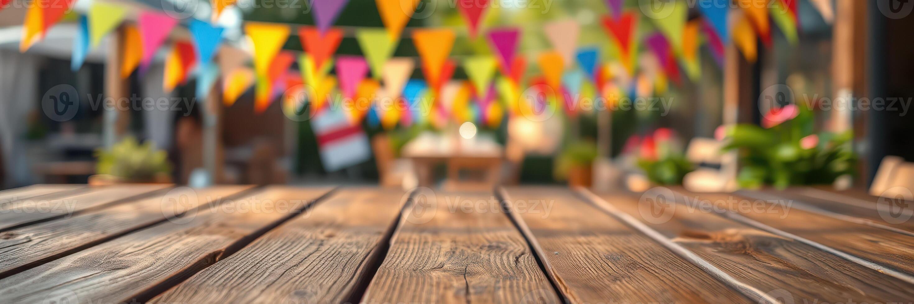 Colorful decorations and rustic table set for a festive gathering in a vibrant outdoor setting photo