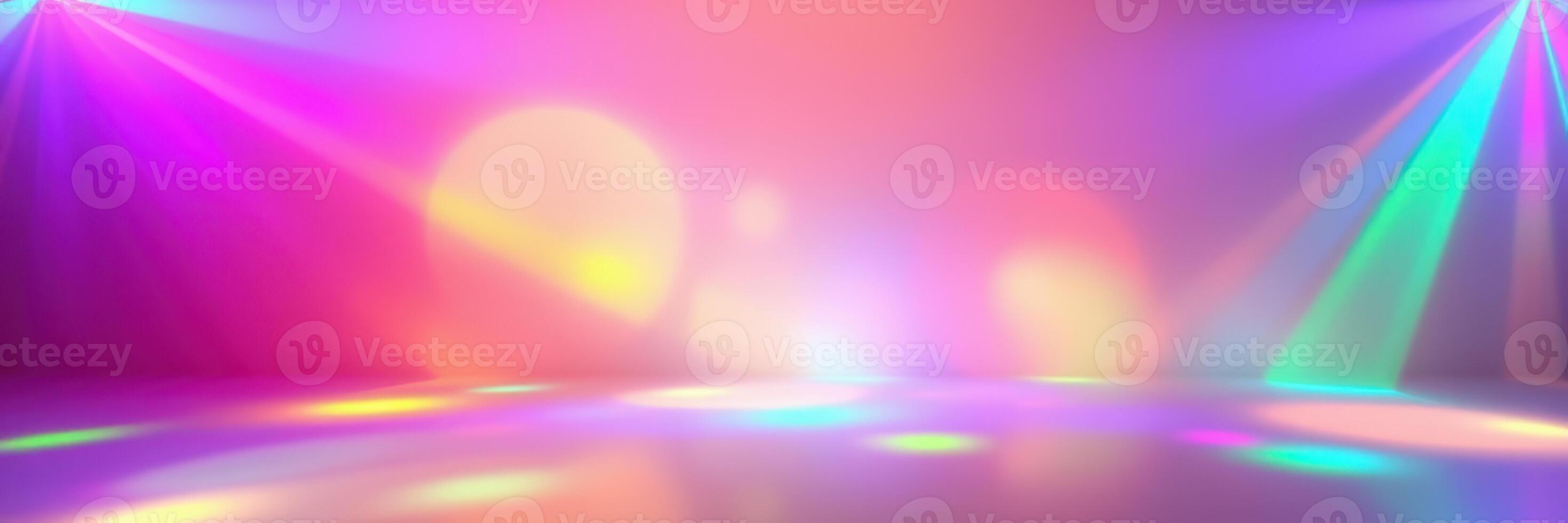 Colorful lights illuminate an empty dance floor in a vibrant celebration space during late night hours photo