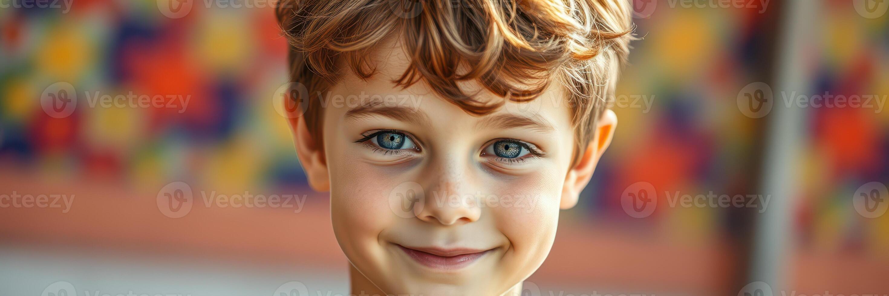 Young boy with curly hair smiling confidently in a colorful background during daytime outdoors photo