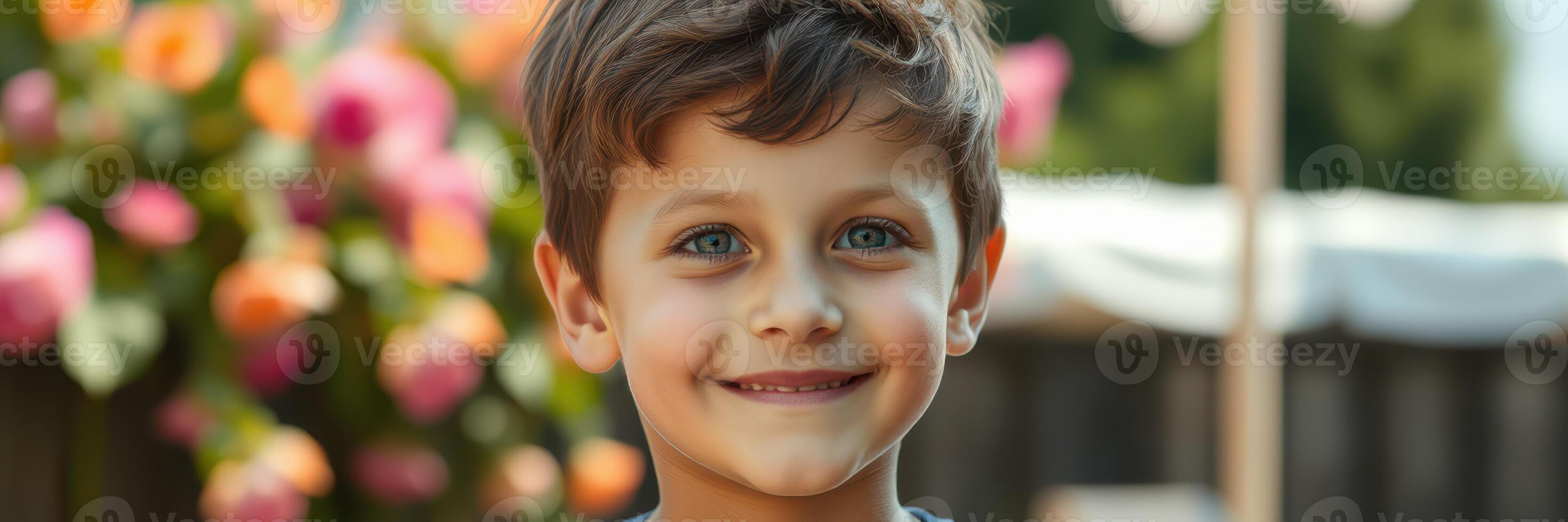 Young boy smiles brightly in a vibrant garden setting during a sunny afternoon with colorful flowers in the background photo