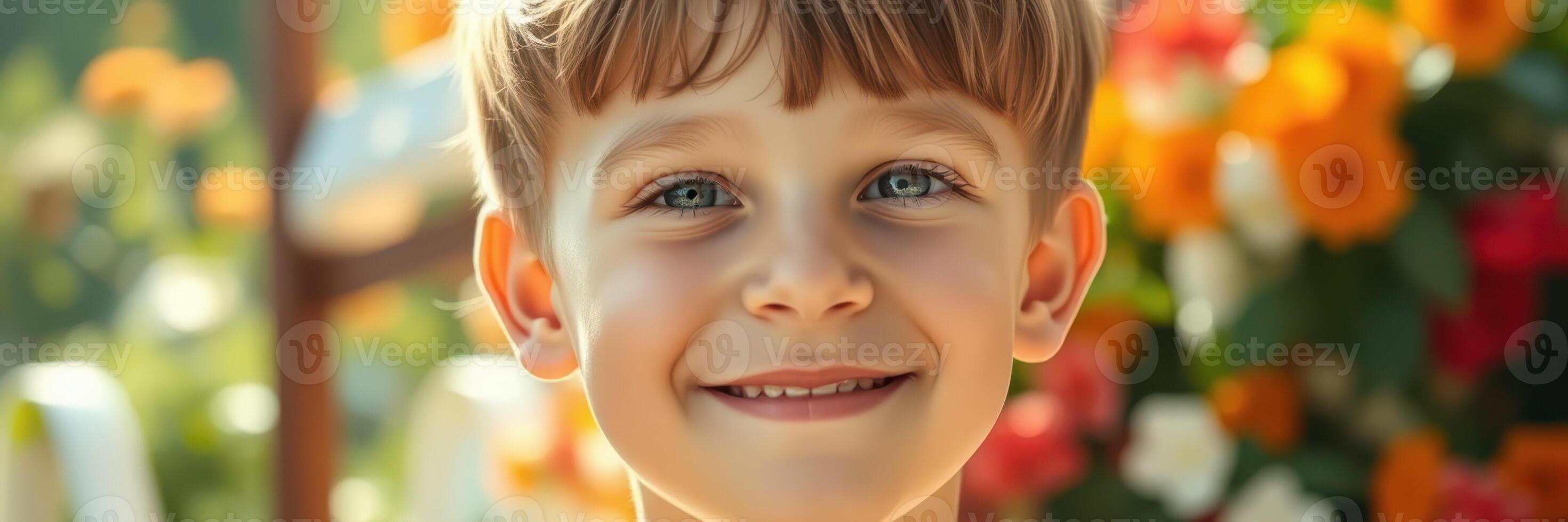 Smiling boy with bright eyes stands in front of colorful flowers during a sunny day in the garden photo