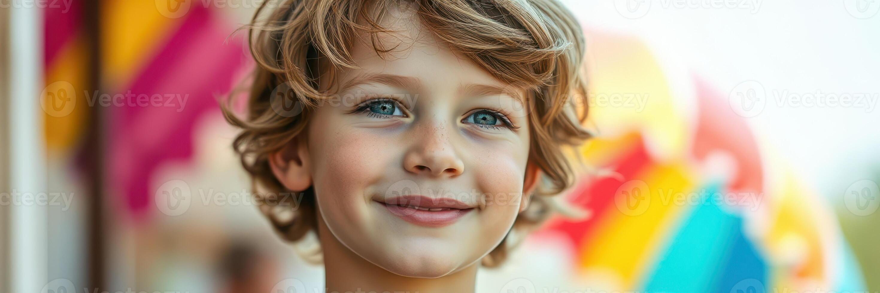 Young boy smiling joyfully in a vibrant outdoor setting with colorful umbrellas during a sunny day photo