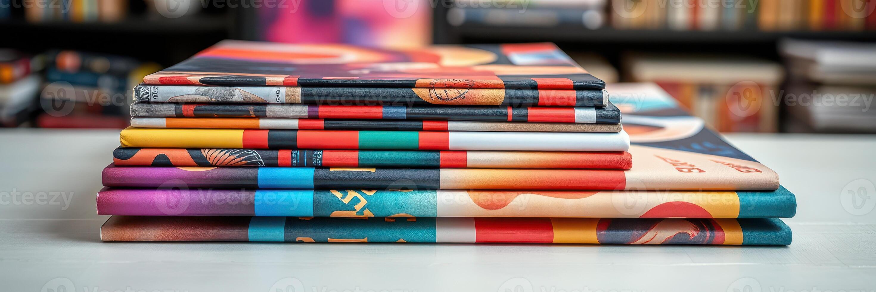 Stacked colorful magazines showcasing diverse cover designs on a table in a cozy library setting photo